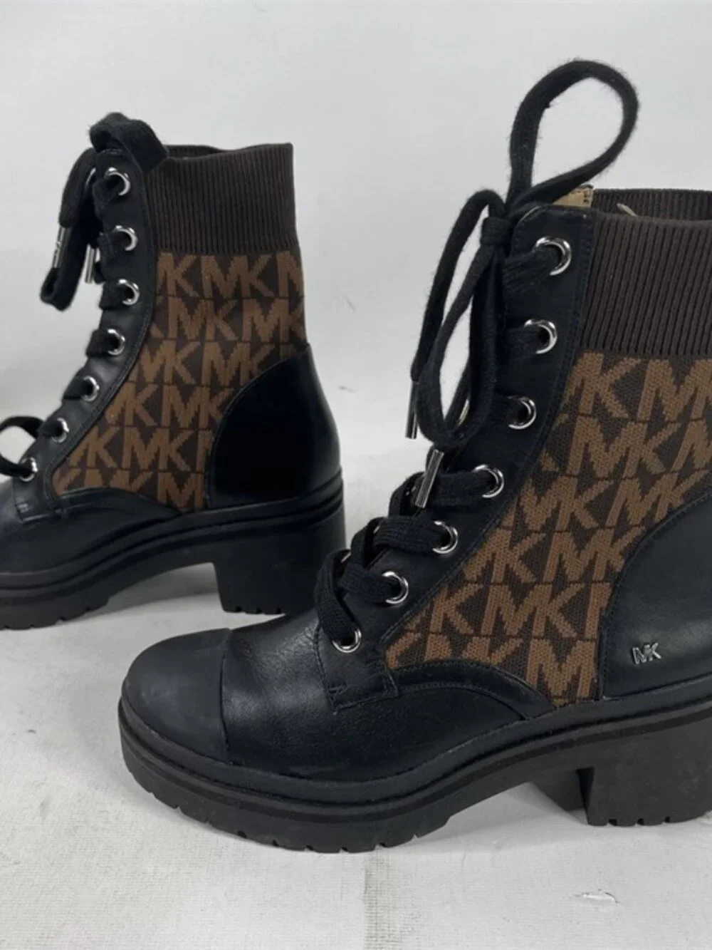 MICHAEL MICHAEL KORS Brea Leather and Logo Jacquard Combat Boot Size 6